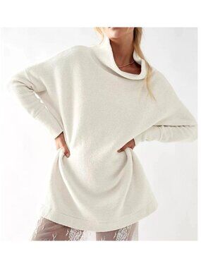 Free People Women's Sz XS Ottoman Slouchy Tunic Ivory Mock Neck Sweater